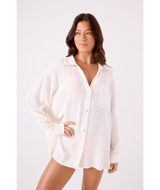 Rx Swimwear Swim Coverups Solid Crinkle Long Sleeve Cover Up Camp Shirt