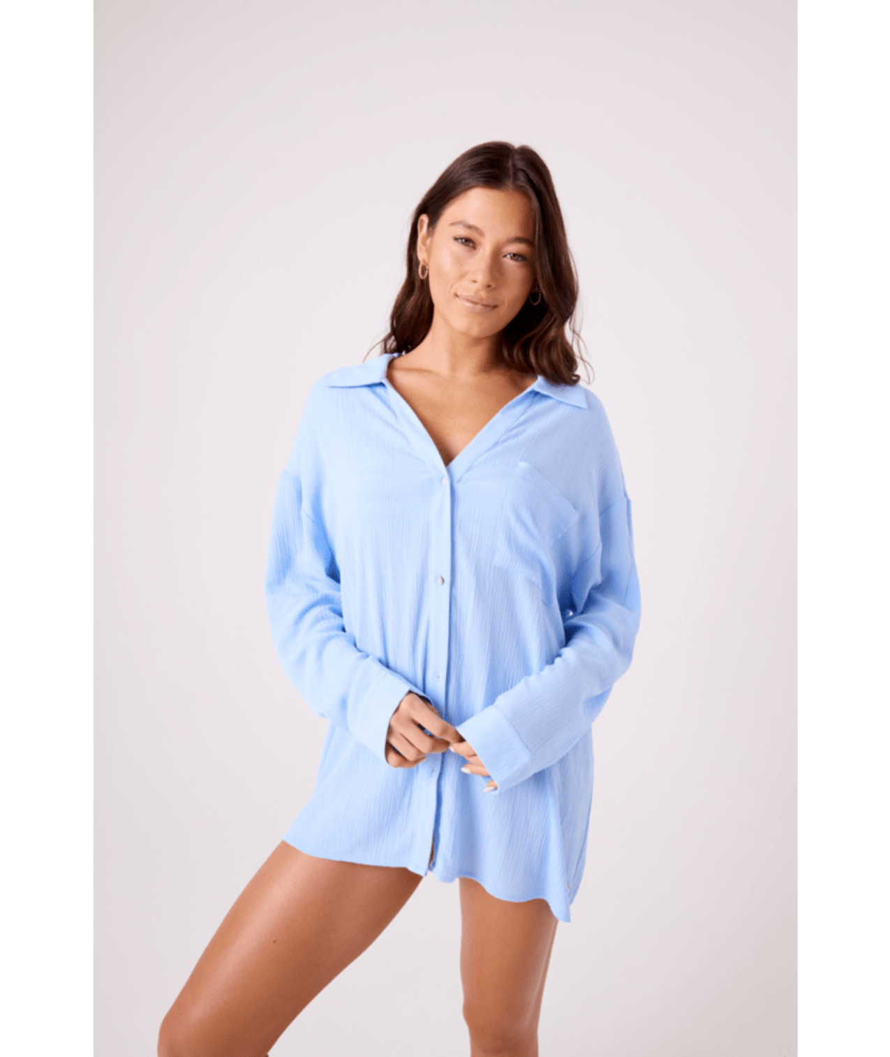 Rx Swimwear Swim Coverups Solid Crinkle Long Sleeve Cover Up Camp Shirt