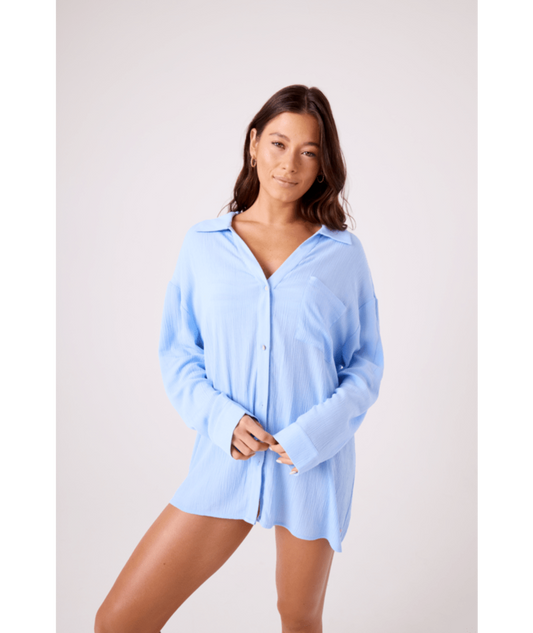 Rx Swimwear Swim Coverups Solid Crinkle Long Sleeve Cover Up Camp Shirt